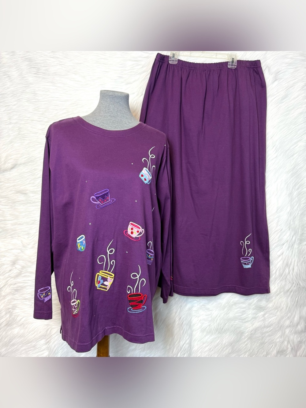 The Quacker Factory Purple Tea Cup Embroidered Set: Top & Long Skirt